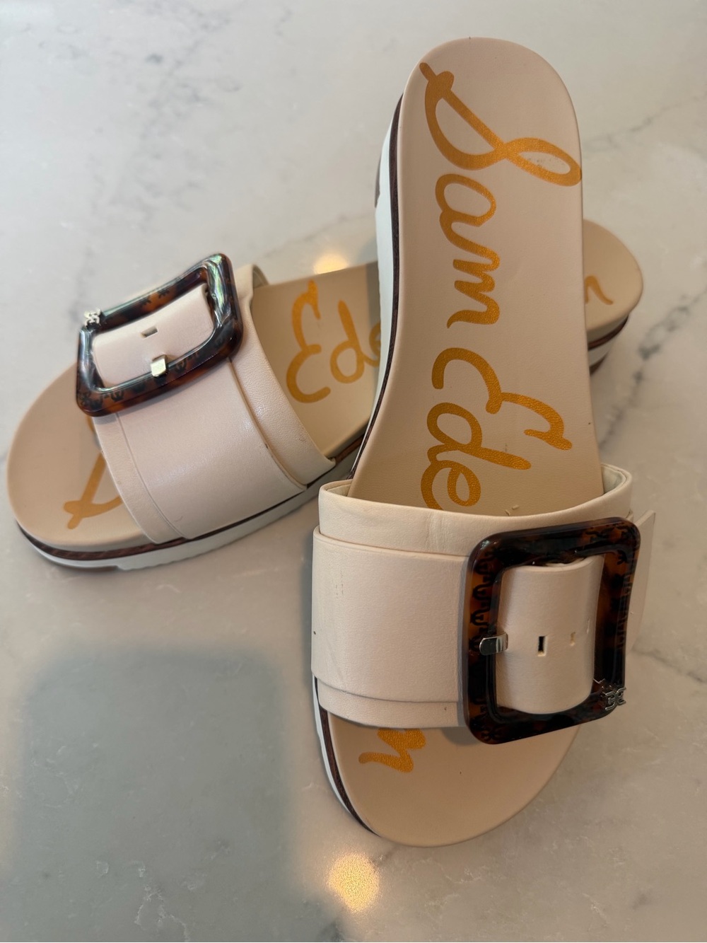 Sam Edelman Cream Slide Sandals with Tortoiseshell Buckle